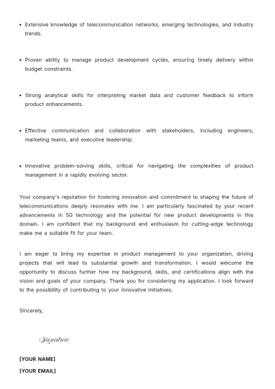 Free Telecommunication Product Manager Cover Letter to Edit Online