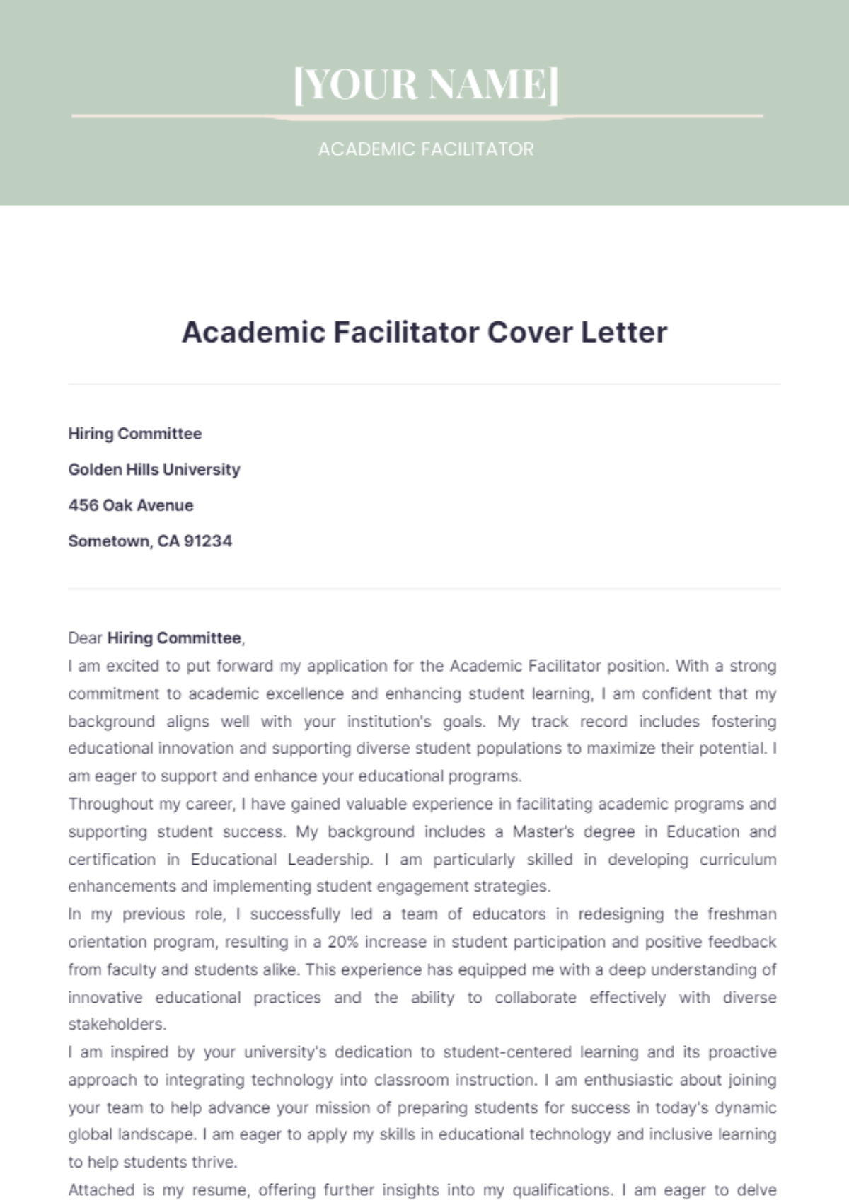 Academic Facilitator Cover Letter