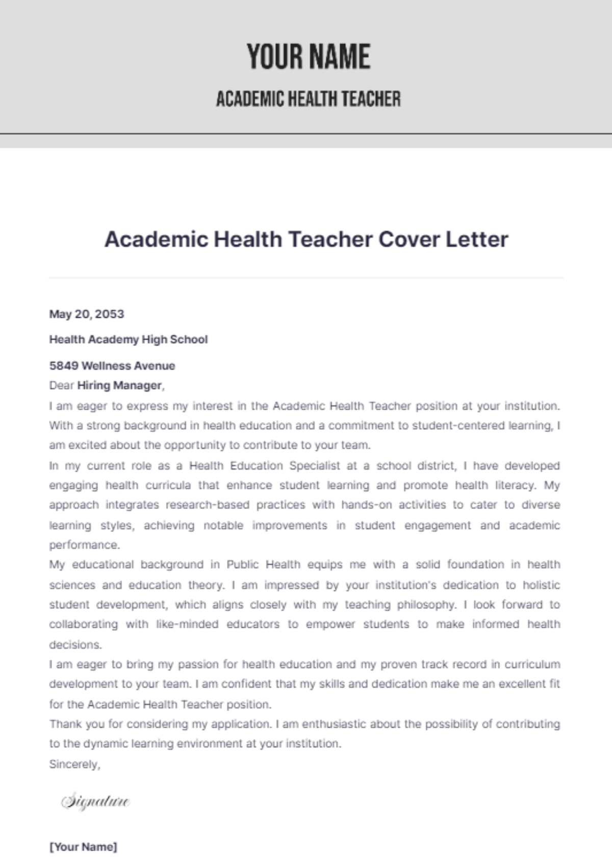 Academic Health Teacher Cover Letter