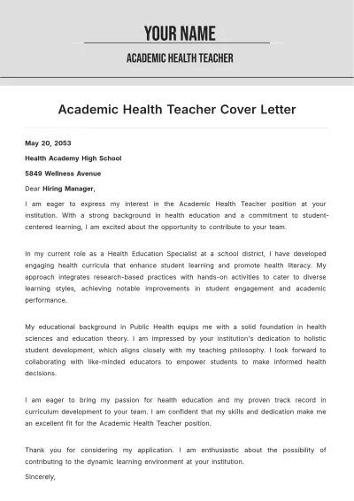 Free Academic Health Teacher Cover Letter to Edit Online