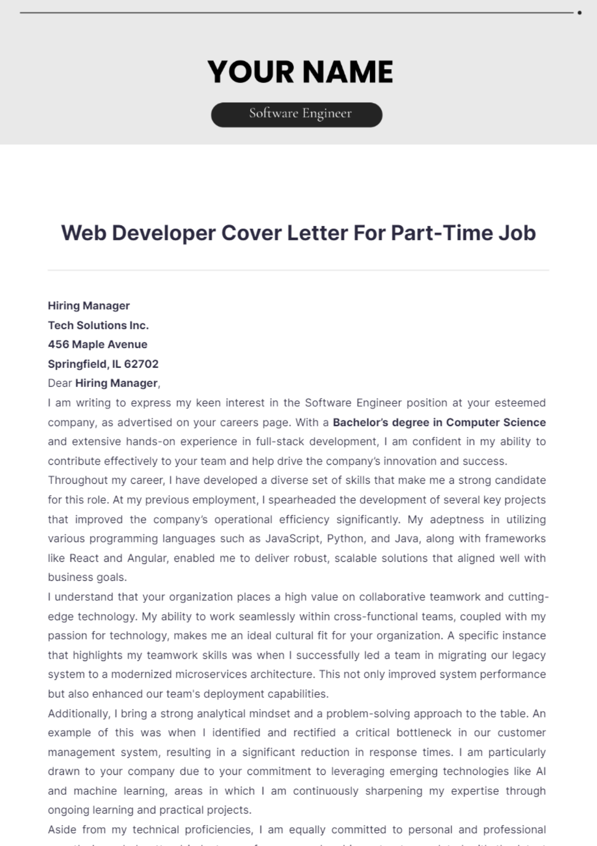 Web Developer Cover Letter For Part Time Job