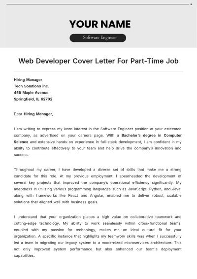 Free Web Developer Cover Letter For Part Time Job to Edit Online