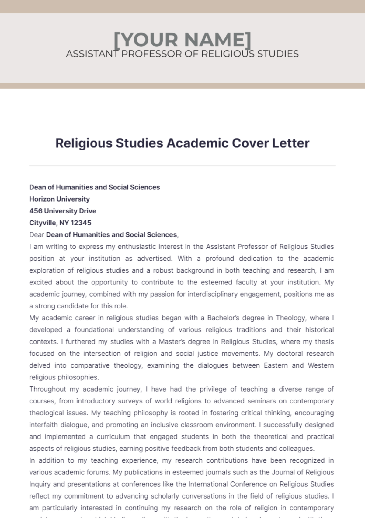 Religious Studies Academic Cover Letter - Edit Online & Download