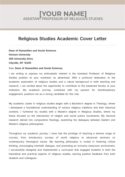 Free Religious Studies Academic Cover Letter to Edit Online