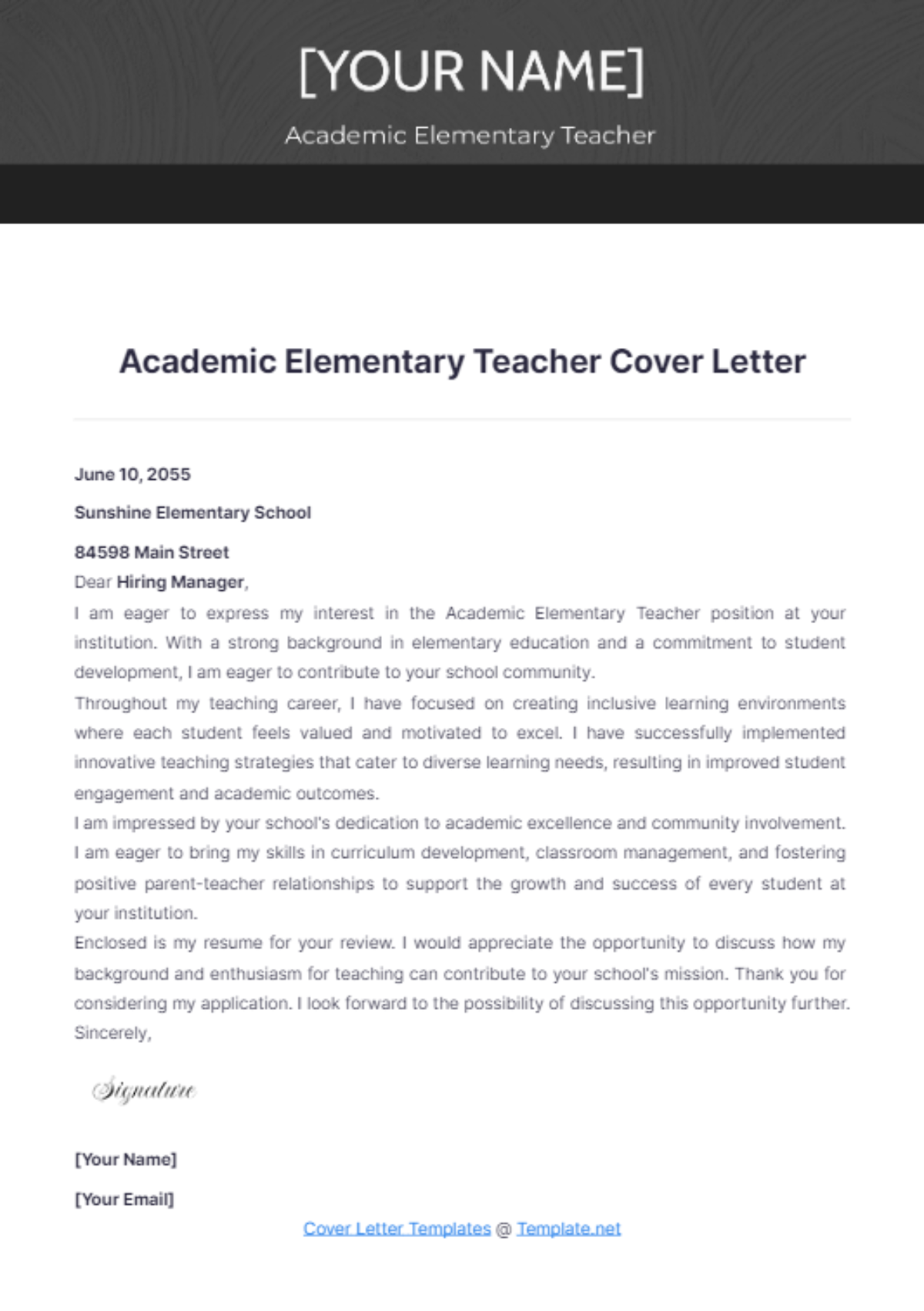 Academic Elementary Teacher Cover Letter