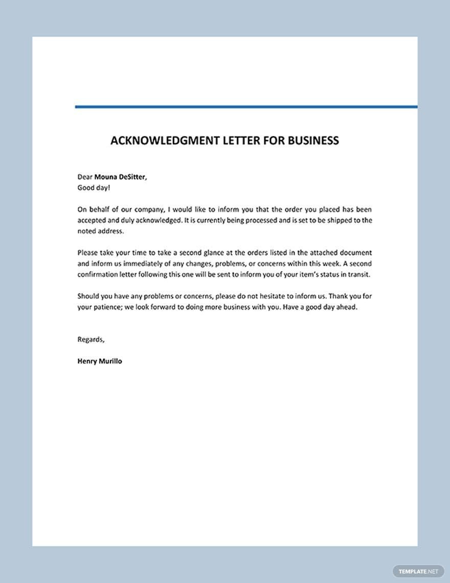 Acknowledgement Letter for Business Template