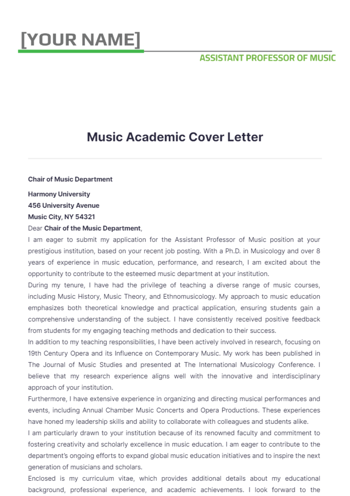 Music Academic Cover Letter