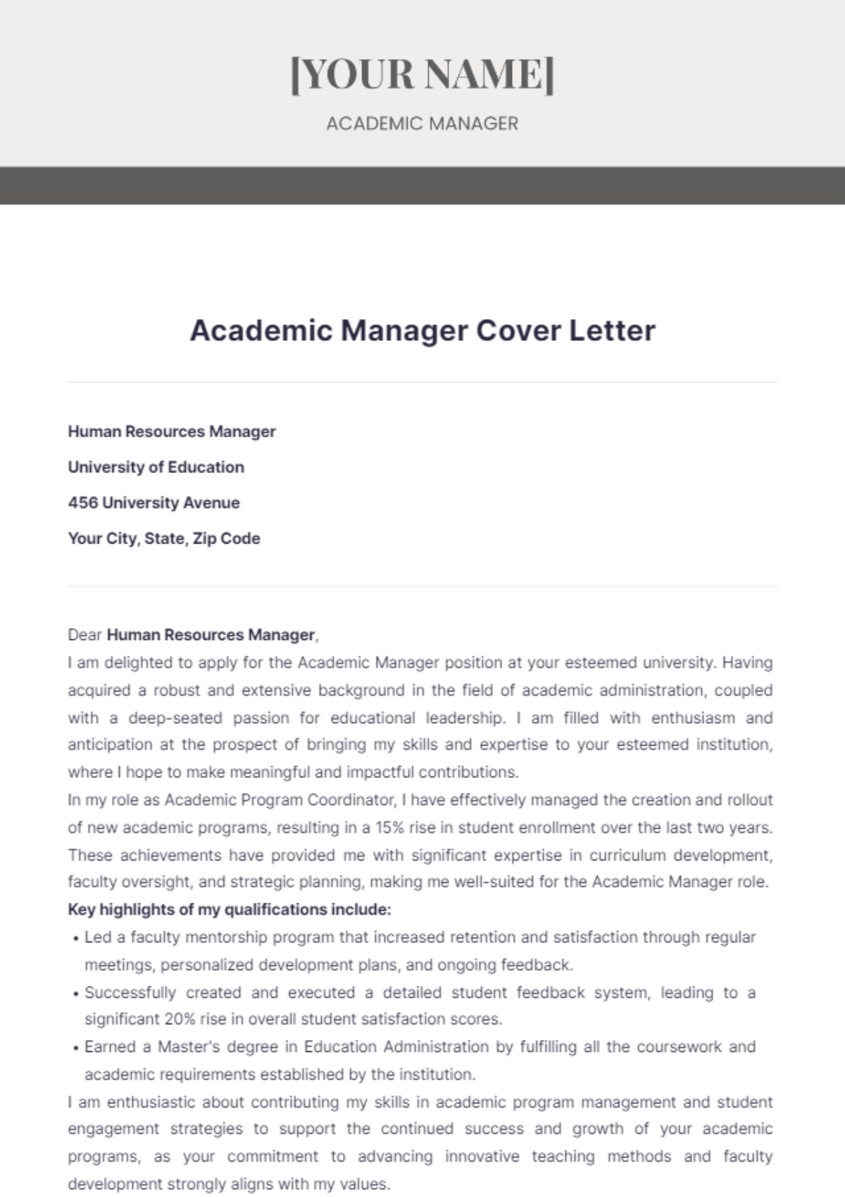 Academic Manager Cover Letter - Edit Online & Download