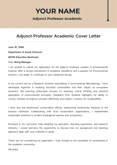 Free Adjunct Professor Academic Cover Letter to Edit Online