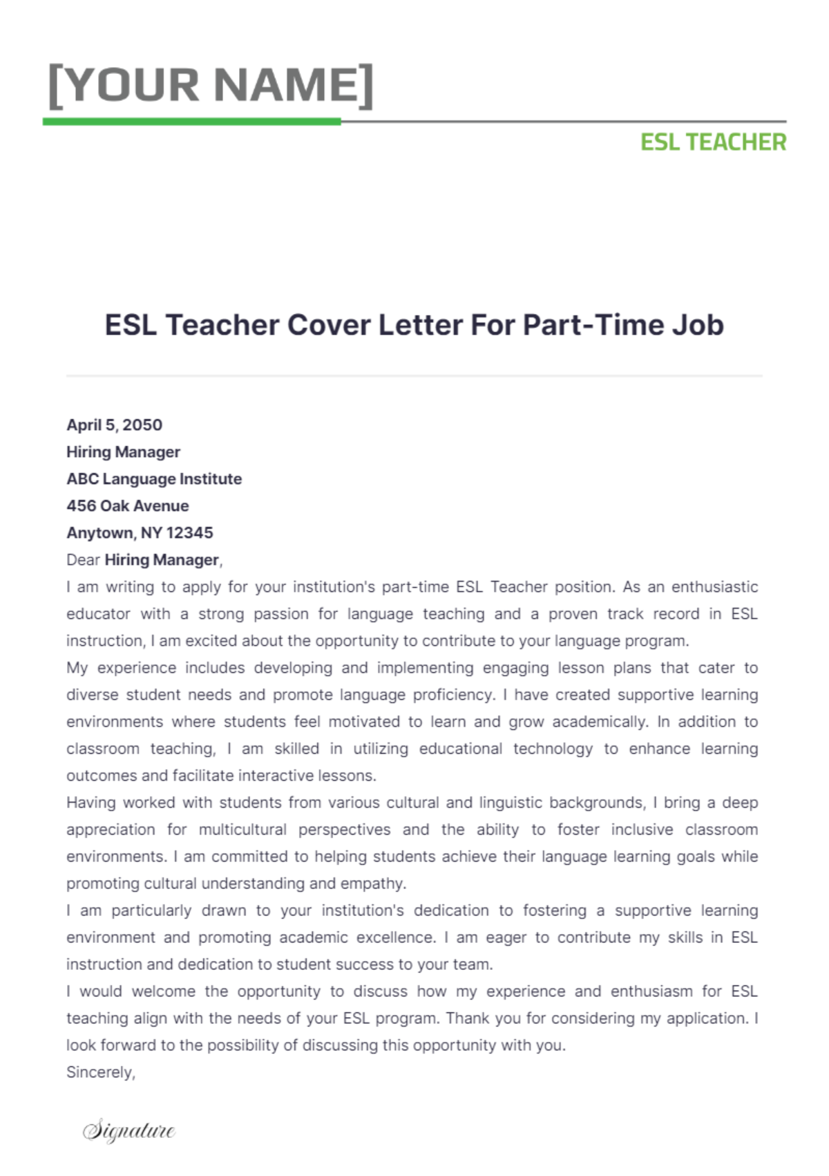 ESL Teacher Cover Letter For Part Time Job