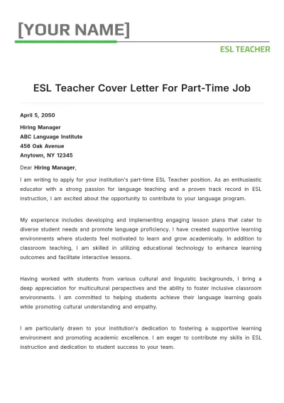 Free ESL Teacher Cover Letter For Part Time Job to Edit Online