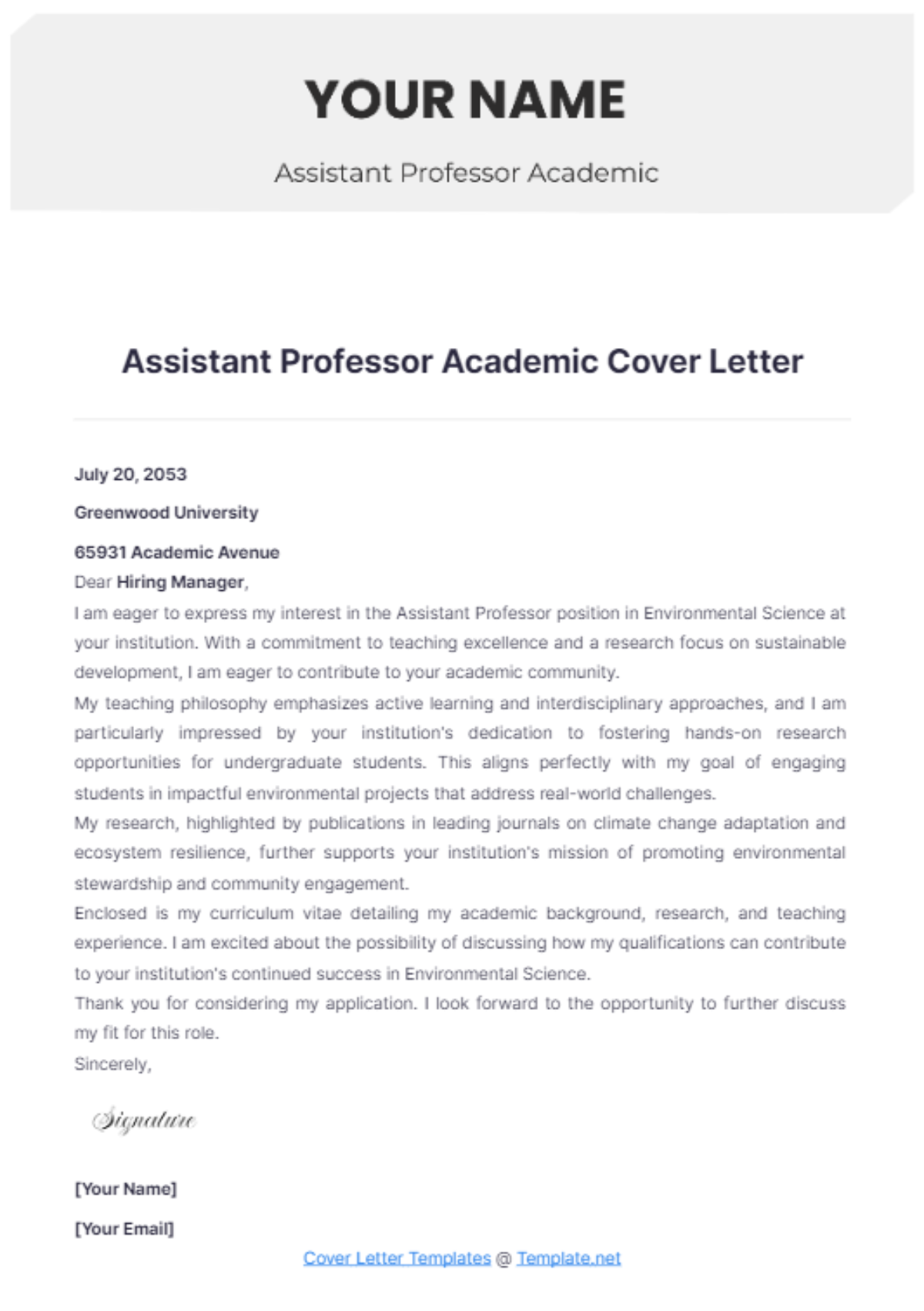 Assistant Professor Academic Cover Letter