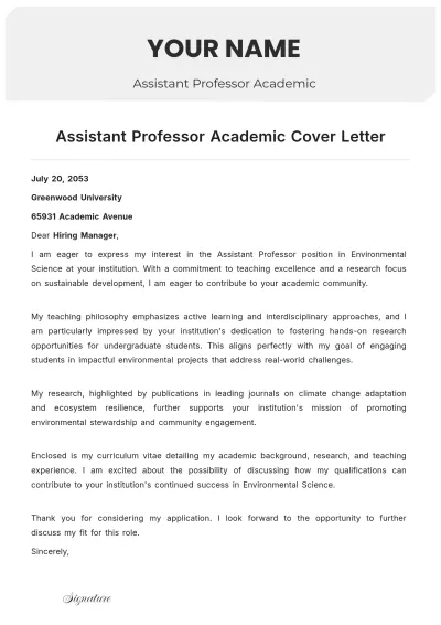 Free Assistant Professor Academic Cover Letter to Edit Online