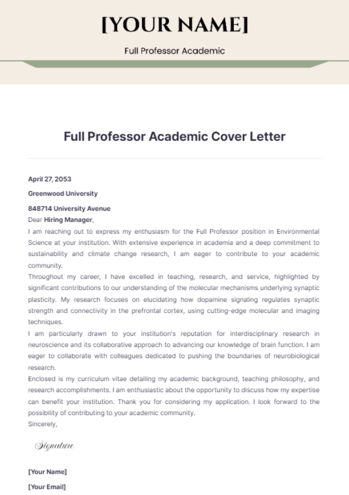 Full Professor Academic Cover Letter