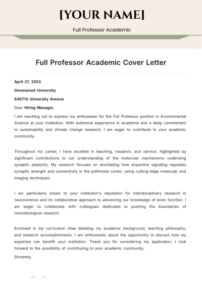 Free Full Professor Academic Cover Letter to Edit Online