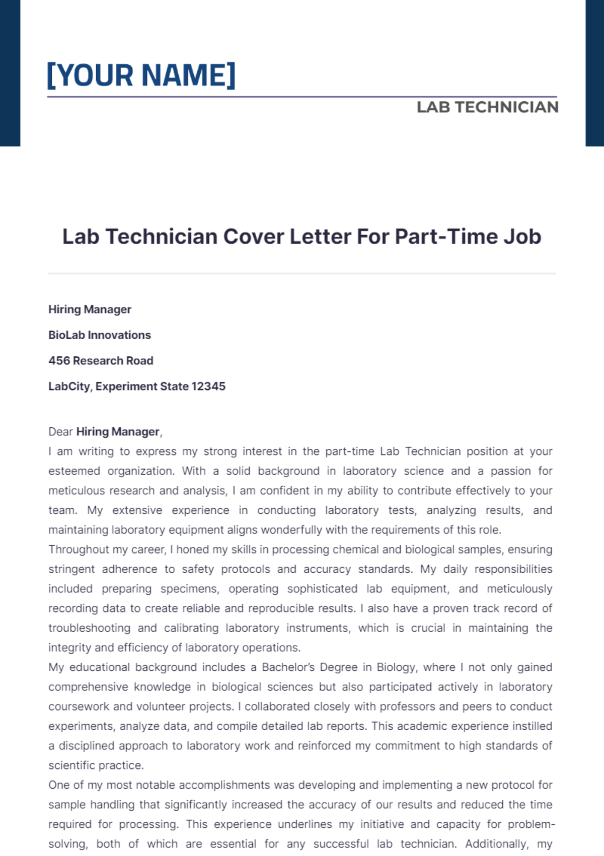 Lab Technician Cover Letter For Part Time Job - Edit Online & Download