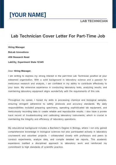 Free Lab Technician Cover Letter For Part Time Job to Edit Online