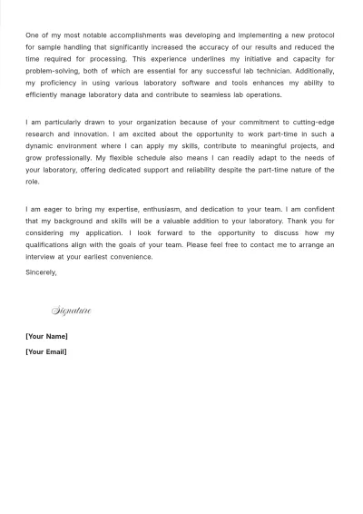 Free Lab Technician Cover Letter For Part Time Job to Edit Online