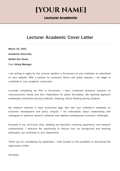 Free Lecturer Academic Cover Letter to Edit Online