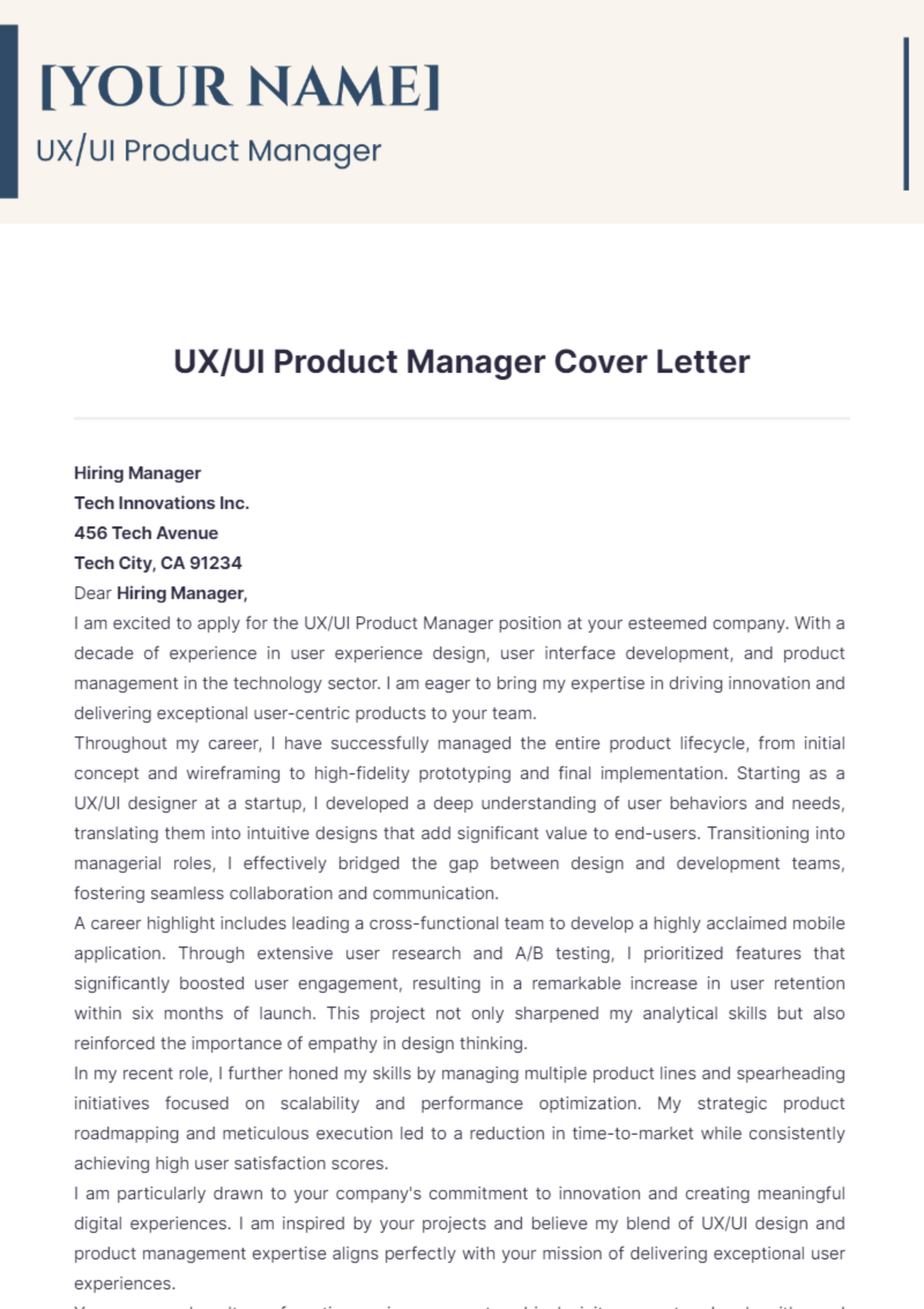 UX/UI Product Manager Cover Letter