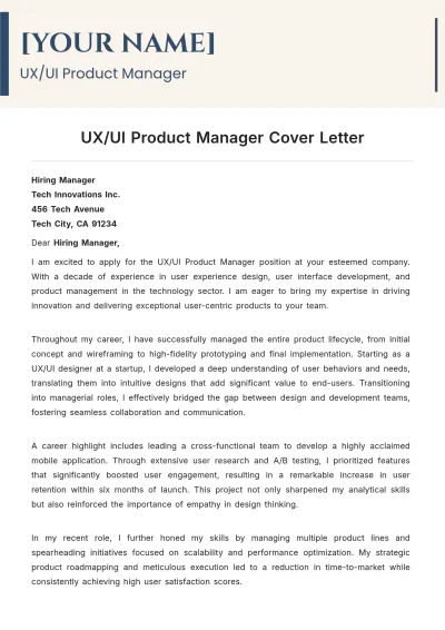 Free UX/UI Product Manager Cover Letter to Edit Online
