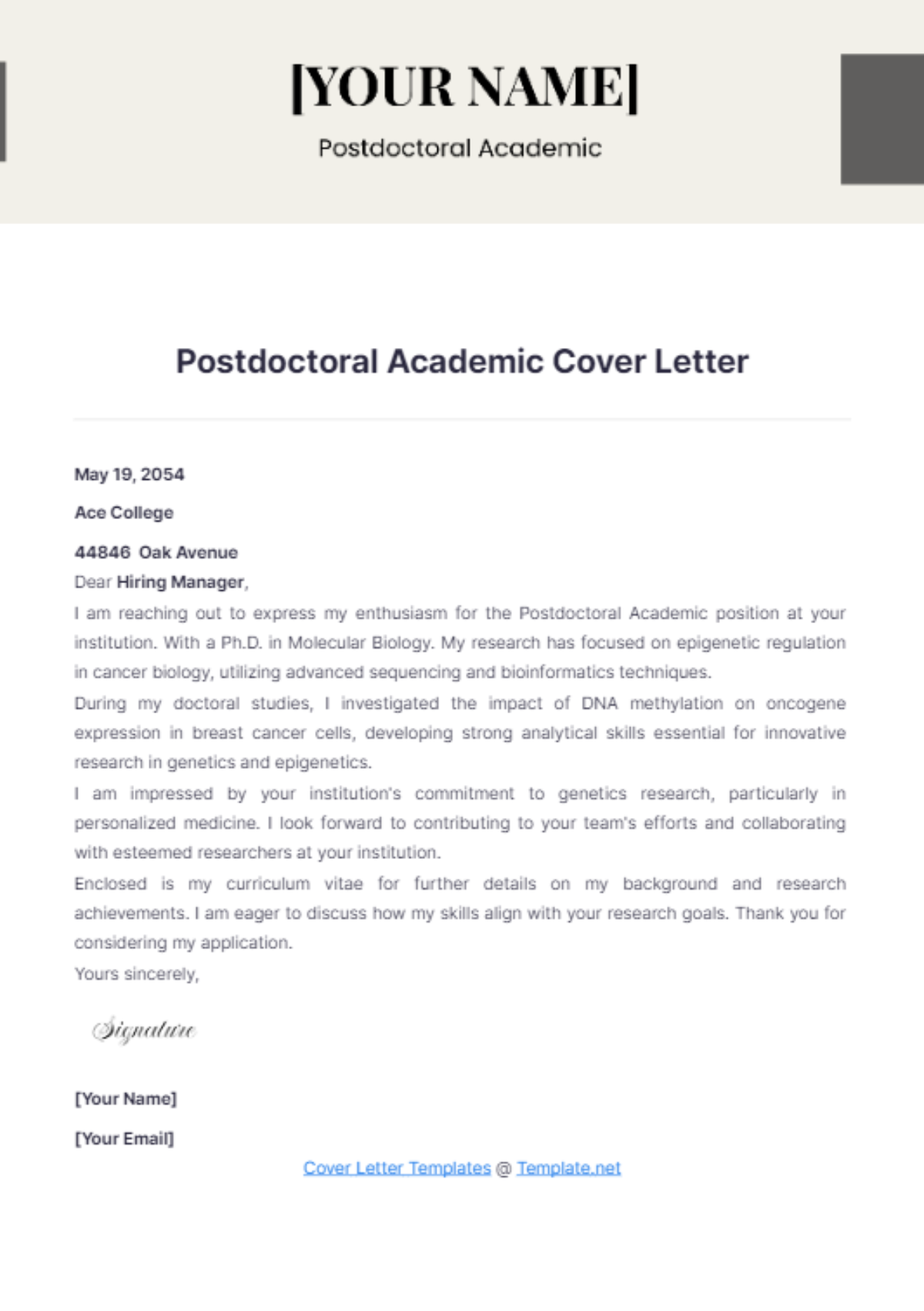 Postdoctoral Academic Cover Letter - Edit Online & Download