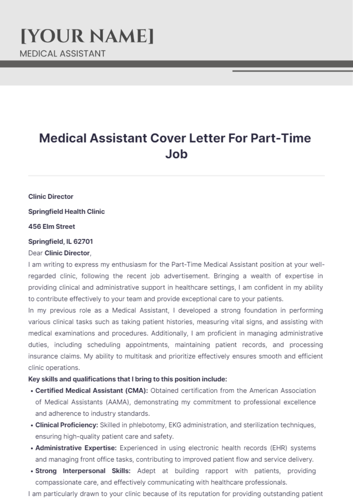 Medical Assistant Cover Letter For Part Time Job - Edit Online & Download