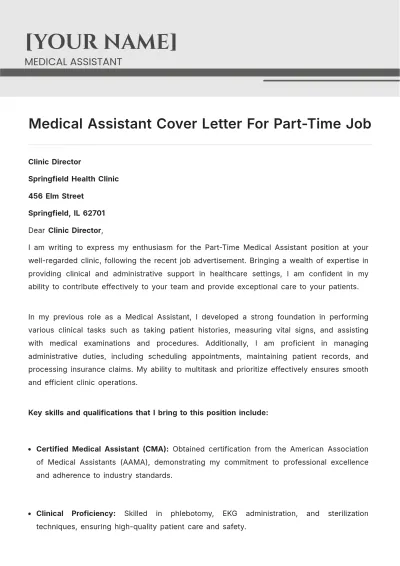 Free Medical Assistant Cover Letter For Part Time Job to Edit Online