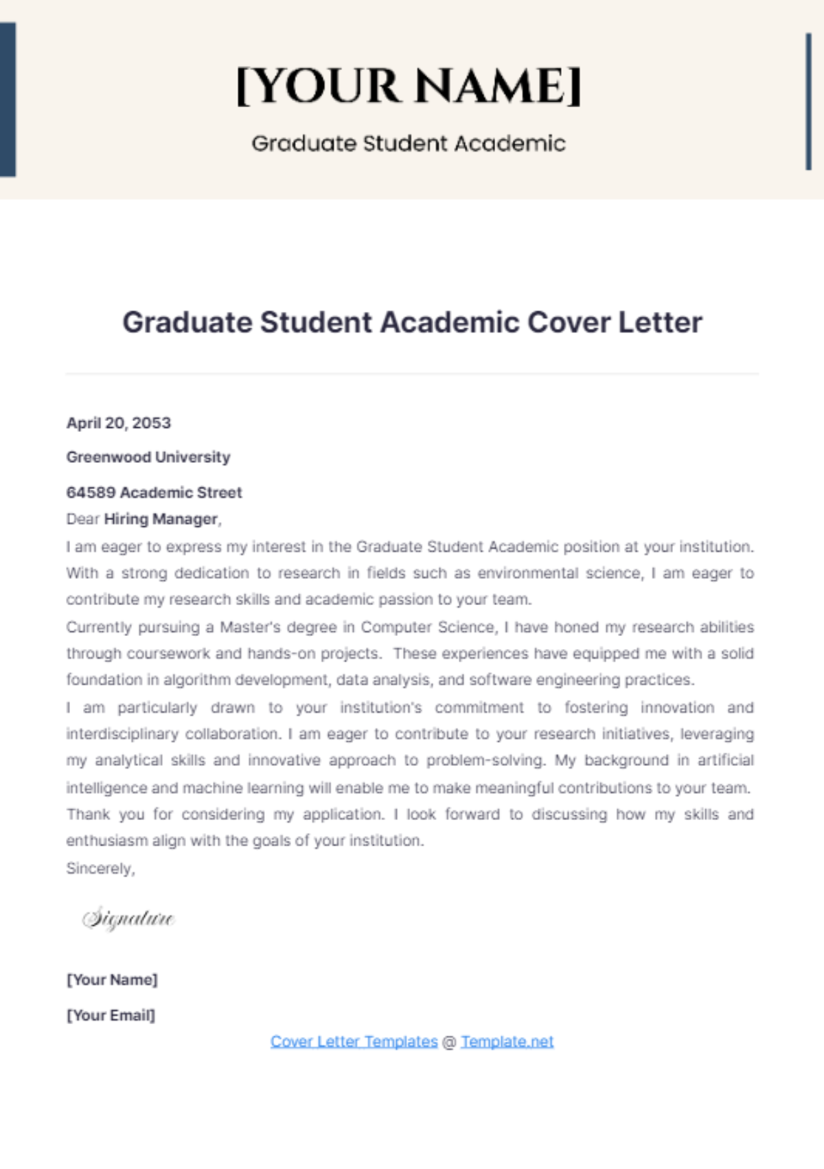 Graduate Student Academic Cover Letter