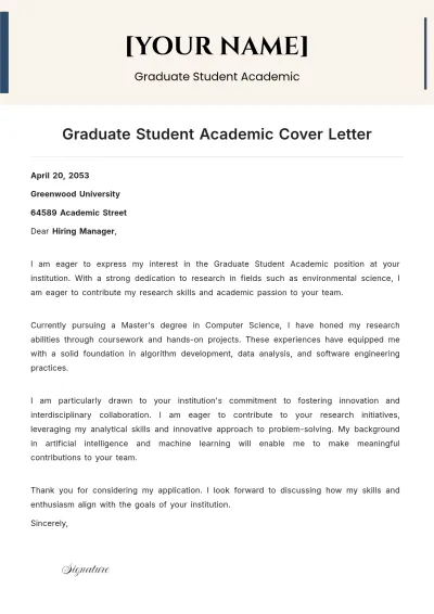 Free Graduate Student Academic Cover Letter to Edit Online