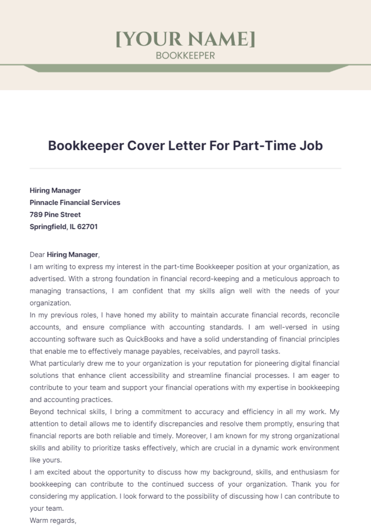 Bookkeeper Cover Letter For Part Time Job