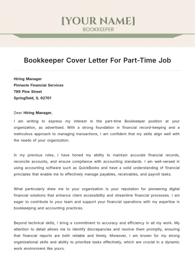 Free Bookkeeper Cover Letter For Part Time Job to Edit Online