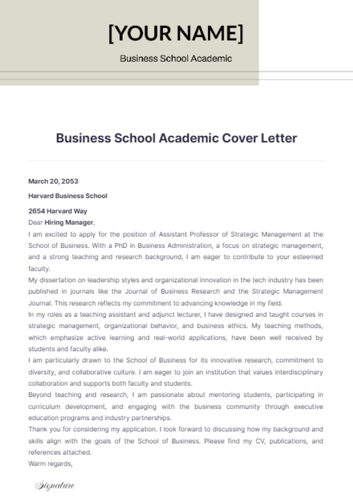 Business School Academic Cover Letter