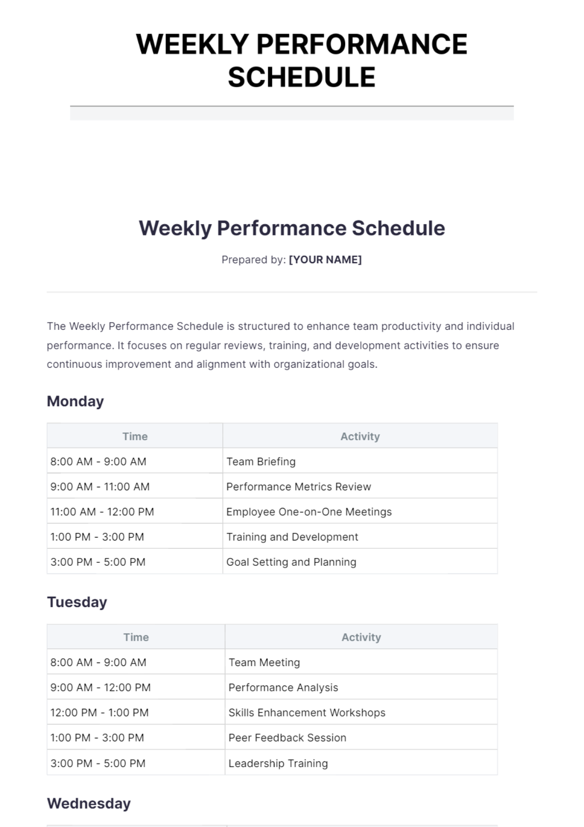 Weekly Performance Schedule Template - Edit Online & Download