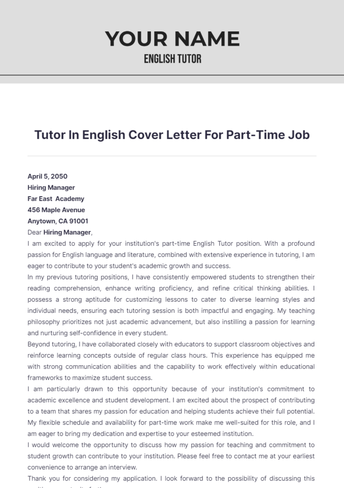 Tutor In English Cover Letter For Part Time Job