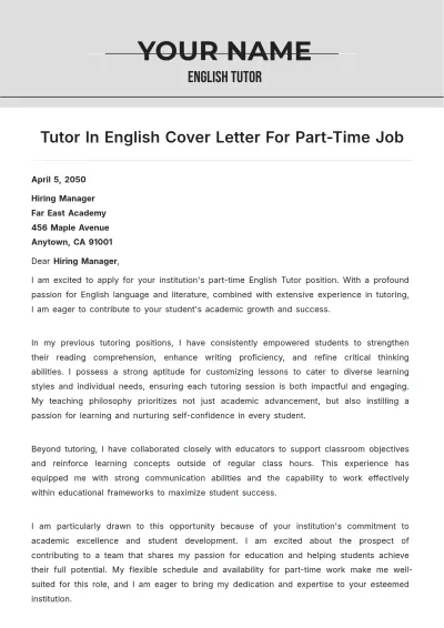 Free Tutor In English Cover Letter For Part Time Job to Edit Online