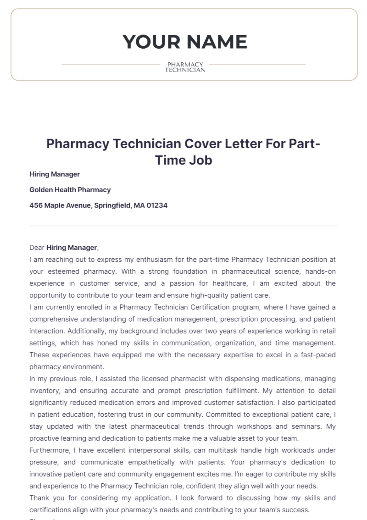 Pharmacy Technician Cover Letter For Part Time Job