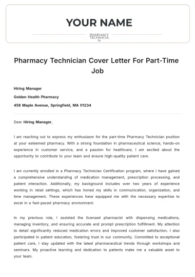Free Pharmacy Technician Cover Letter For Part Time Job to Edit Online