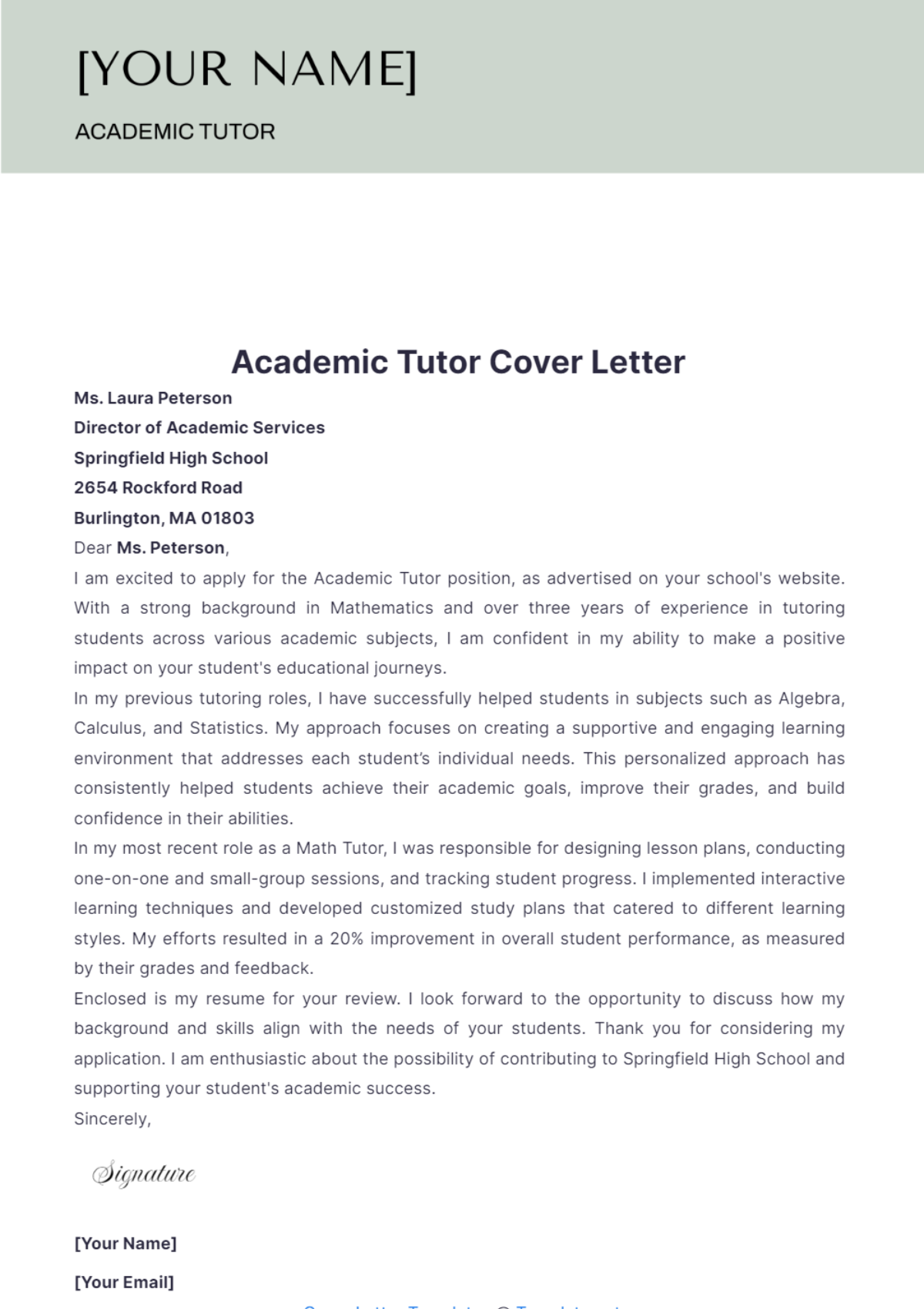 Academic Tutor Cover Letter