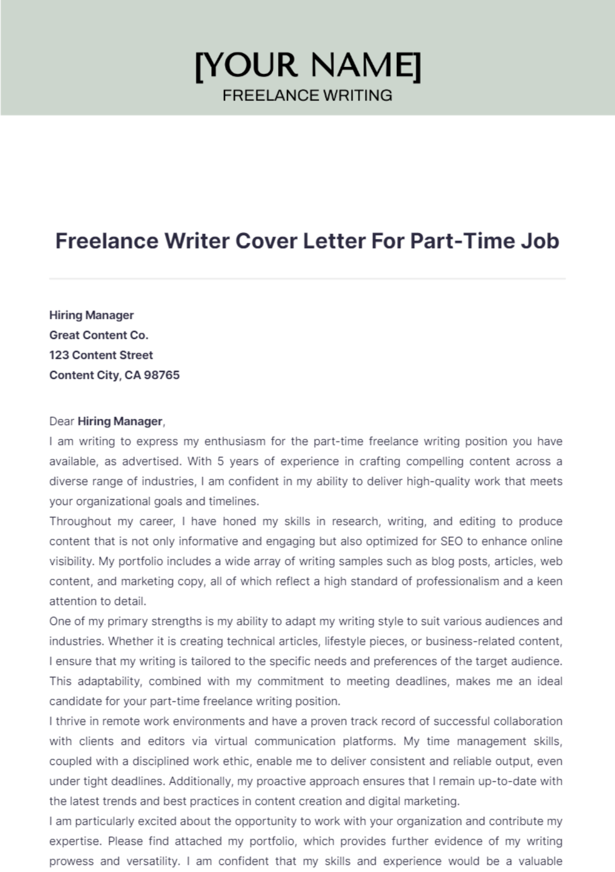 Freelance Writer Cover Letter For Part Time Job - Edit Online & Download