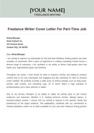 Free Freelance Writer Cover Letter For Part Time Job to Edit Online