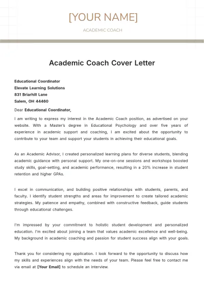 Free Academic Coach Cover Letter to Edit Online