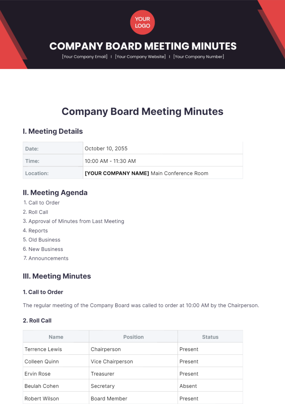 Company Board Meeting Minutes Template - Edit Online & Download