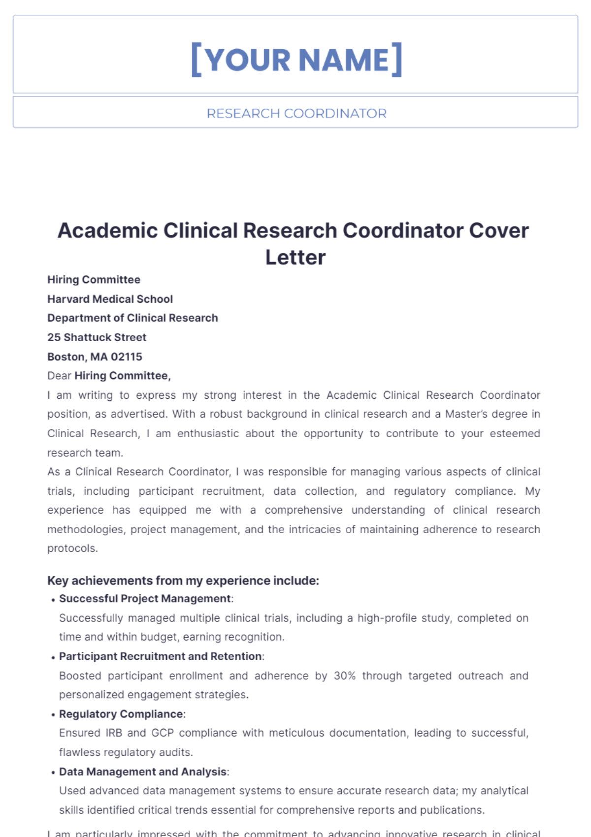 Academic Clinical Research Coordinator Cover Letter