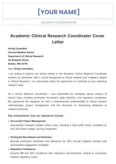 Free Academic Clinical Research Coordinator Cover Letter to Edit Online