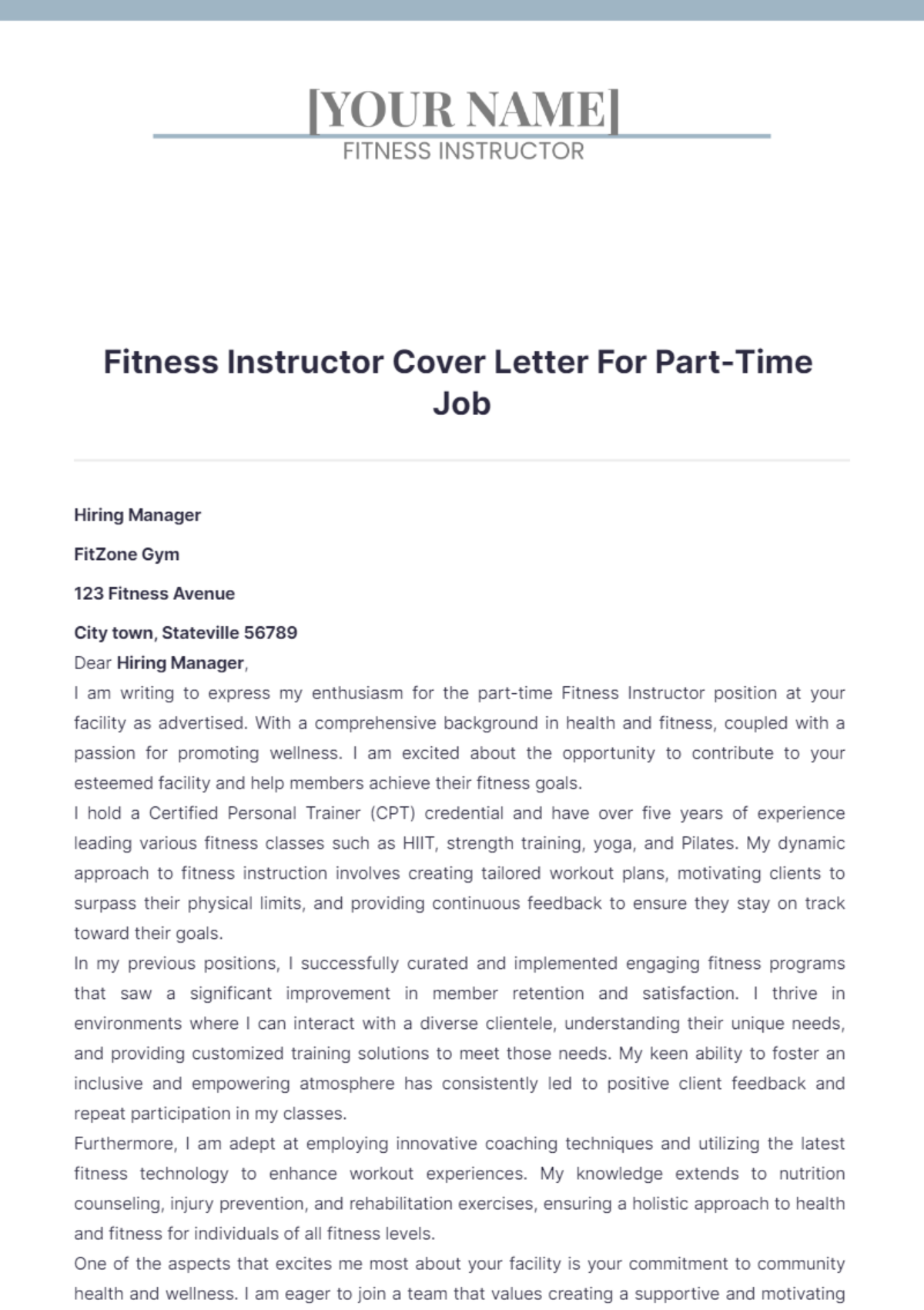 Fitness Instructor Cover Letter For Part Time Job