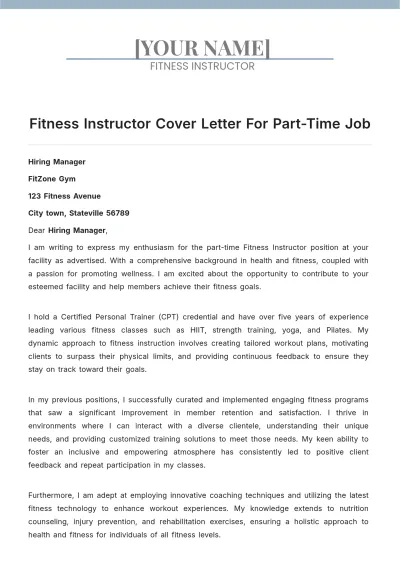 Free Fitness Instructor Cover Letter For Part Time Job to Edit Online