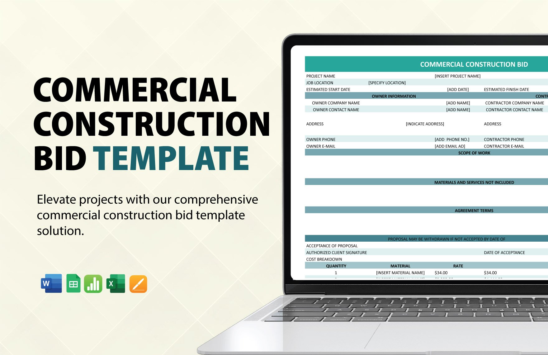 Commercial Construction Bid Template in Word, Excel, Google Sheets, Apple Pages, Apple Numbers