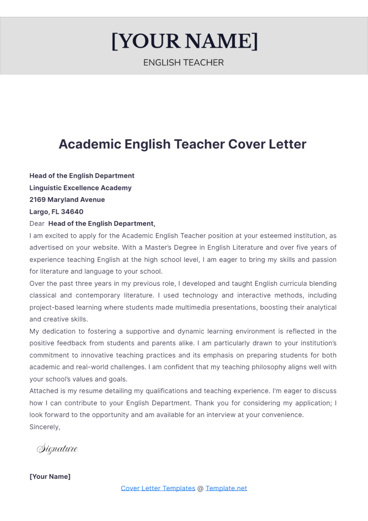 Academic English Teacher Cover Letter