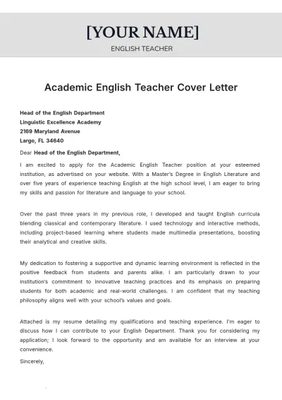 Free Academic English Teacher Cover Letter to Edit Online